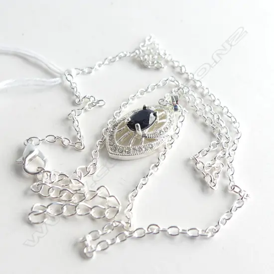 SILVER TONE & SAPPHIRE PENDANT & CHAIN