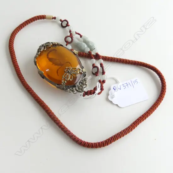 NECKLACE; SCORPION IN AMBER PENDANT w. TIBETAN SILVER & BEADED CORD