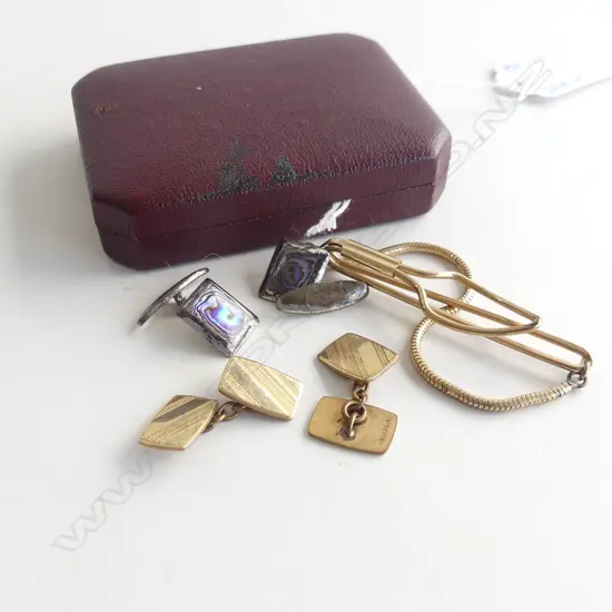 ROLLED GOLD TIE PIN & CHAIN + PR ROLLED GOLD CUFFLINKS & STG SILVER & PAUA CUFFLINKS 