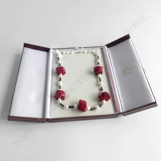 CHUNCKY RED CORAL & PEARL NECKLACE, 925 SILVER CATCH - IN ORIGINAL BOX 