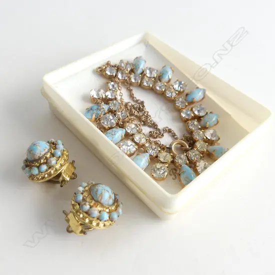 VINTAGE BLUE STONE & CRYSTAL DROP NECKLACE WITH CLIP EARRINGS 