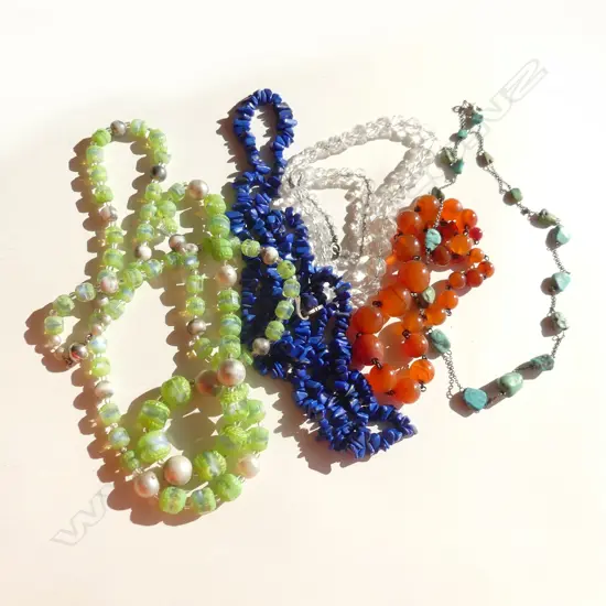 5 ASST VINTAGE BEAD & GEM STONE NECKLACES INCL TURQUOISE ETC..