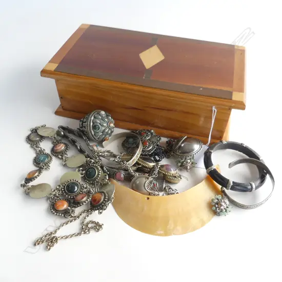 WOODEN BOX OF TRIBAL GEMSTONE JEWELLERY ETC..