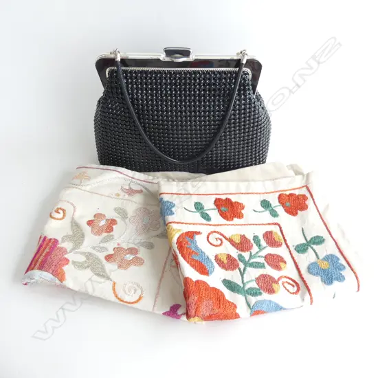 OROTON BLACK MESH BAG IN ORIG. BOX + PR MEXICAN EMBROIDERED CUSHION COVERS