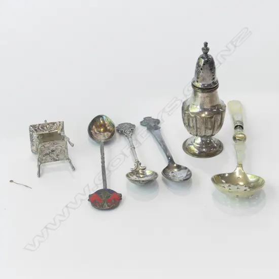 6 PCES; 800 SILVER MINIATURE TABLE, MOP SUGAR SIFTER, 3 TEASPOONS