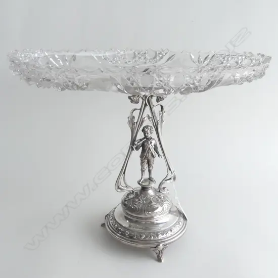 WMF ART NOUVEAU SILVER PLATE & CRYSTAL FIGURAL TAZZA; BOY BLOWING HORN, L. 365 H. 280MM