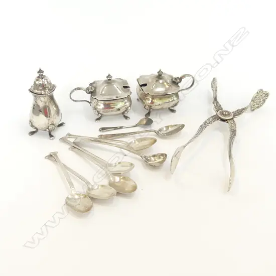 171 GRAMS ASST. SILVER INCL. 3 CONDIMENTS, 8 SPOONS (5 NAIL HEAD 1 GEORGIAN) + EP SWEDISH SUGAR TONGS