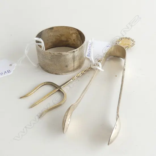 S/S NAPKIN HOLDER TONGS & NZ SILVER PICKLE FORK