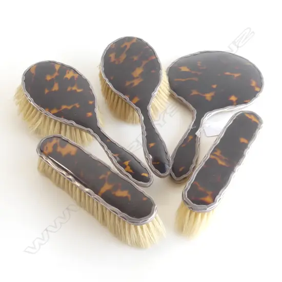 5 PC VINTAGE TORTOISESHELL & STG SILVER DRESSING TABLE SET; 4 ASST BRUSHES & HAND MIRROR BIRM. 1925