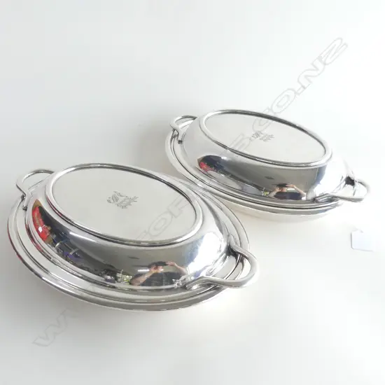 PAIR SILVER PLATE LIDDED ENTRE DISHES heavy quality Walker & Hall engraved 'PS'