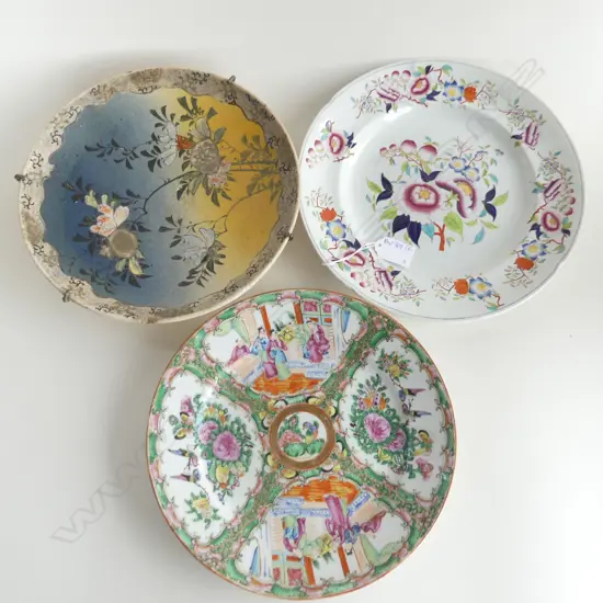 3 ANTIQUE PLATES; FAMILLE ROSE, SATSUMA & IRONSTONE 265mm dia