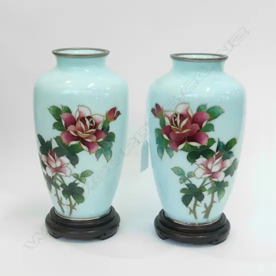 PR PALE BLUE CLOISONNE VASES ON STANDS H.200mm