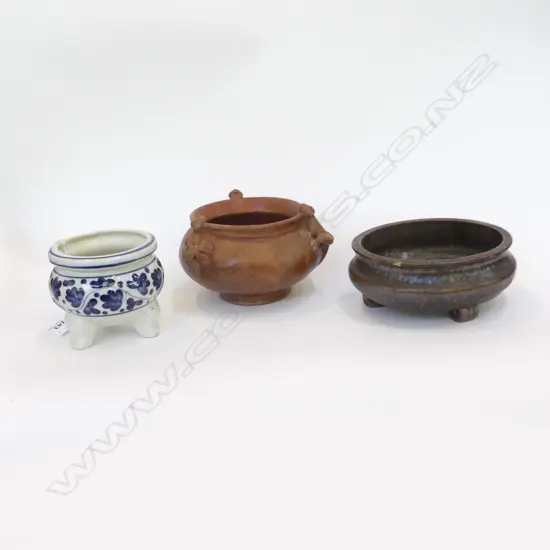 3 ASST ORIENTAL TERRACOTTA & PORCELAIN INCENSE BURNERS