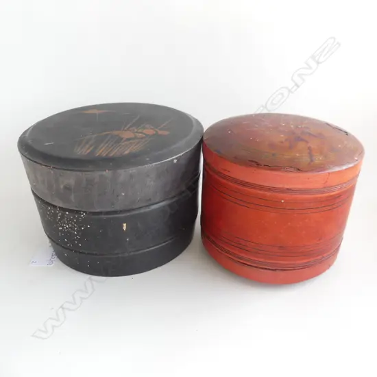 2 ORIENTAL LACQUER LIDDED CONTAINERS; RED & BLACK 175mm dia