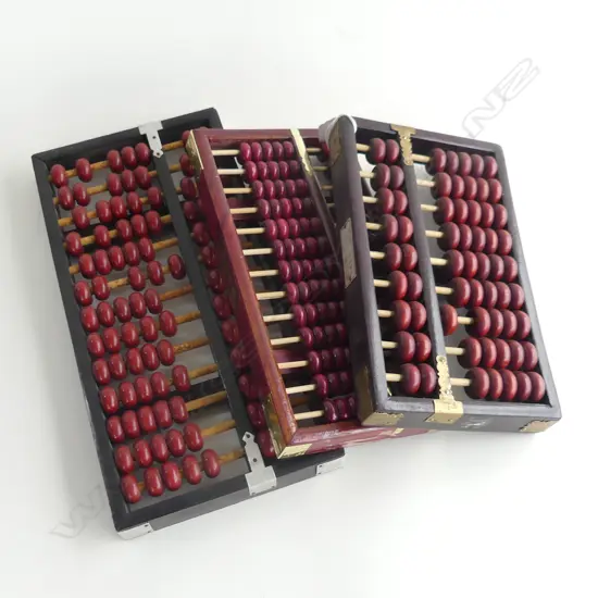 3 CHINESE ABACUSES w. RED WOODEN COUNTERS W.285mm