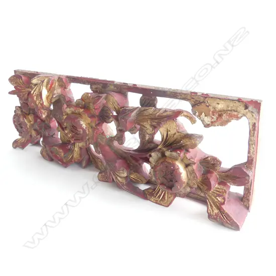 VINTAGE CARVED WOODEN CHINESE WEDDING PANEL; RED & GILT 325x105mm