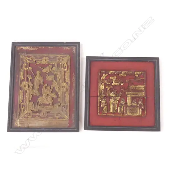 PR CARVED WOODEN CHINESE RED & GILT PANELS 390x310 / 320x320mm