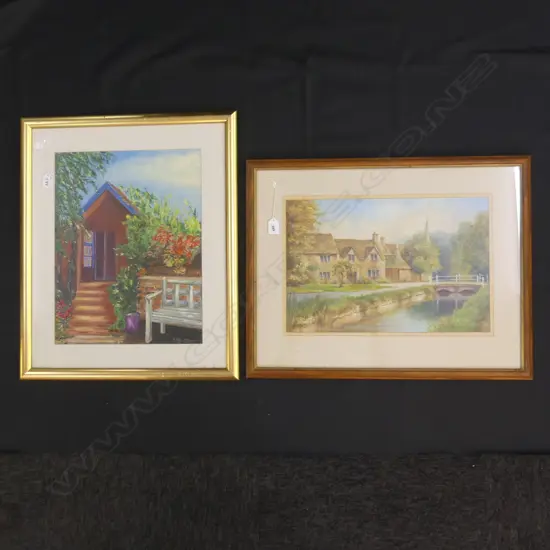 2 ARTWORKS; K H BAXTER GARDEN SHED OIL 445x345mm + OLD ENGLISH VILLAGE SCENE 300x450mm