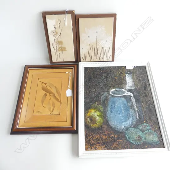 OIL ON BOARD STILL LIFE, SIGNED, WOODEN INLAID LEAF ART, SIGNED (210 X 280MM) + 2 WALL TILES 