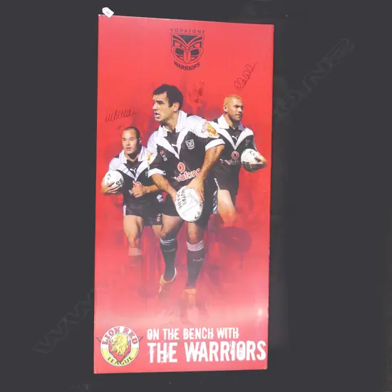 VODAFONE WARRIORS POSTER SIGNED BY 3 PLAYERS; STACEY JONES, RUBEN WIKI & MONTY BETHAM 1200x600mm 