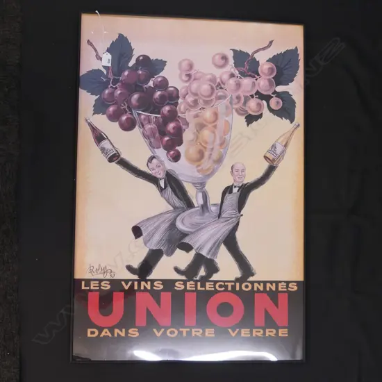 FRAMED FRENCH WINE PRINT 'LES VINS SELECTIONNES UNION DANS VOTRE VERRE' 905x600mm AF CNR DAMAGED