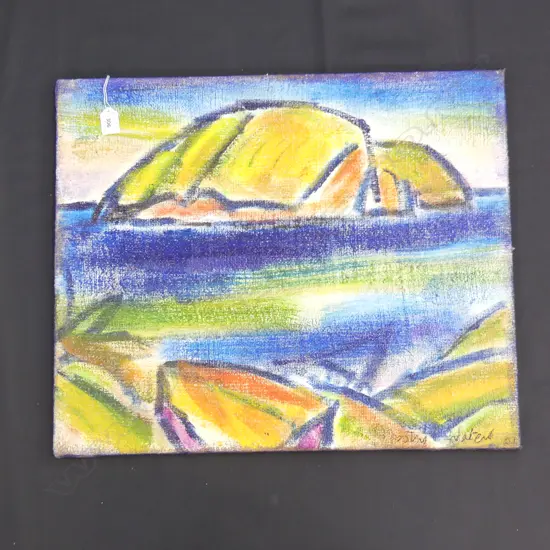 DOROTHY WATERS (NZ 1919-2012) HAHEI COROMANDEL OIL ON HESSIAN 505x605mm 