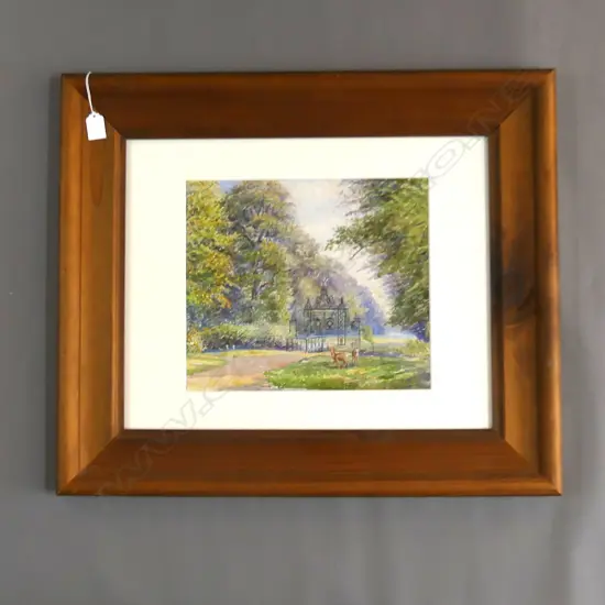 SIGNED W/C TREED LANDSCAPE w. GATES & DEER 280x330mm