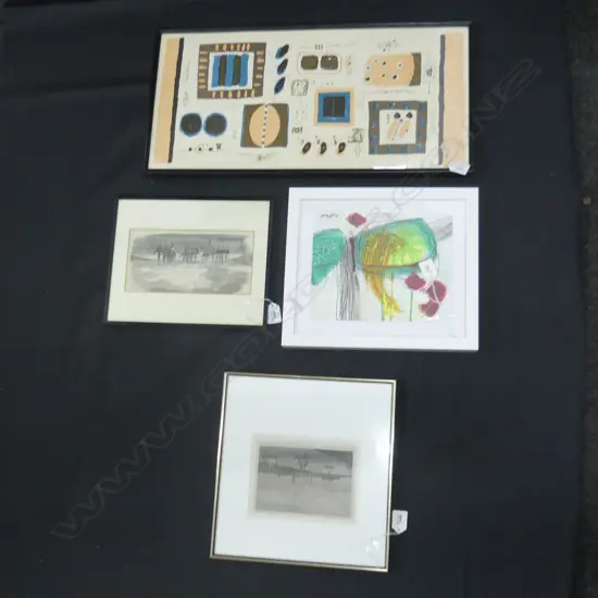 4 ARTWORKS; 3 PRINTS (2 ETCHINGS + ABSTRACT 280x590mm) + SIGNED ACRYLIC 190x240mm