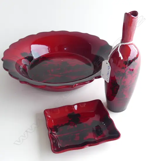 3 PCES ROYAL DOULTON FLAMBE; BOWL SIGNED FM 250mm dia, VASE H.185mm, PIN DISH SIGNED FM 110x95mm...
