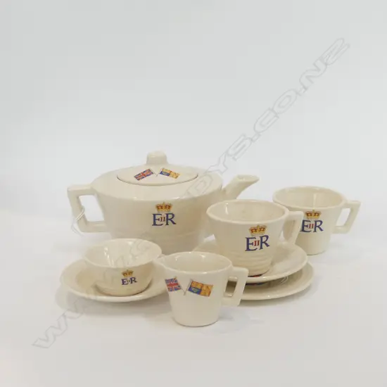 MINIATURE BRITISH 1953 CORONATION TEASET; TEAPOT, 2 C&S, PLATE, JUG & BOWL