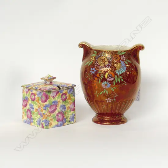 ROYAL WINTON AOF JAM POT & LID + CROWN DEVON ENAMELLED & GILDED VASE H. 140MM