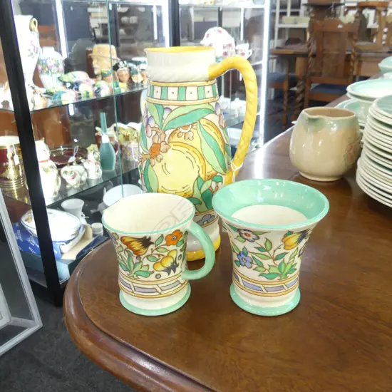 3 PCS CHARLOTTE RHEAD, BURSLEY WARE, 2 JUGS ( 240 & 100MM) & VASE (H110MM)