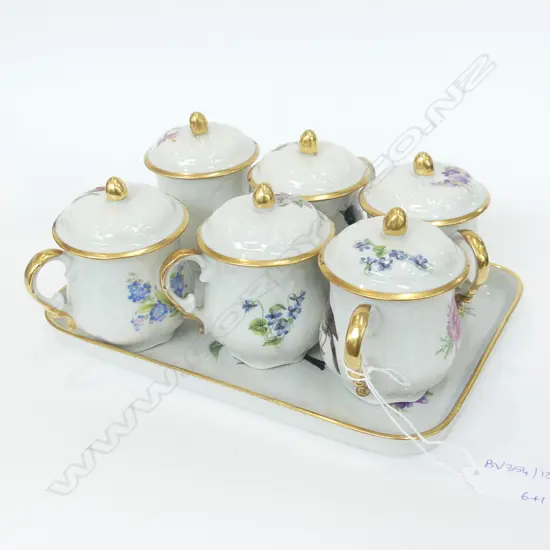 LIMOGES CHOCOLATE SET; 6 LIDDED CUPS & TRAY 160x225mm...