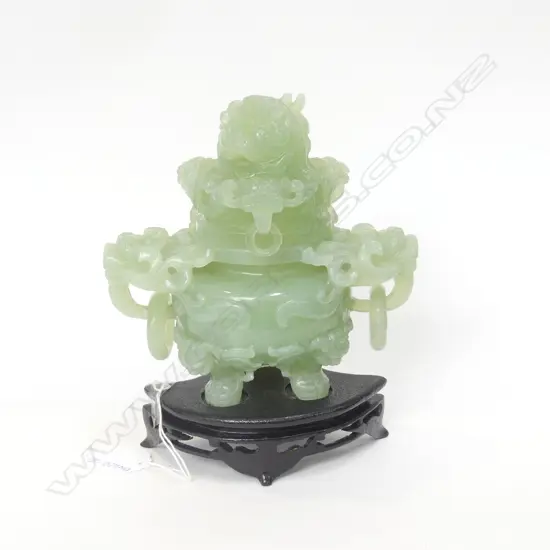 ORIENTAL CARVED JADE INCENSE BURNER WITH WOODEN STAND H. 200MM