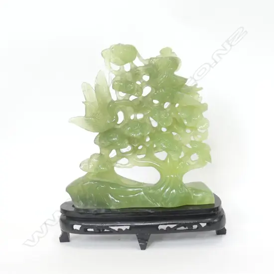 ORIENTAL JADE CARVED TREE ON WOODEN STAND, IN ORIGINAL BOX H. 280MM