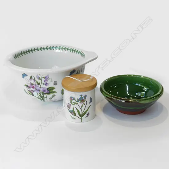 2 PCES PORTMEIRION; MORTAR MIXING BOWL (no pestle) 195mm dia + LIDDED CONTAINER + TONY SLY GREEN DISH