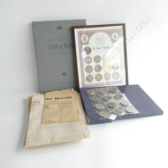 ASST. COINAGE; 2x 'FINAL IMPRESSIONS', FRAMED ROYAL COIN COLLECTION, 1988 AUST. SET, NZ 1 DOLLAR PACK + OLD NEWSPAPERS