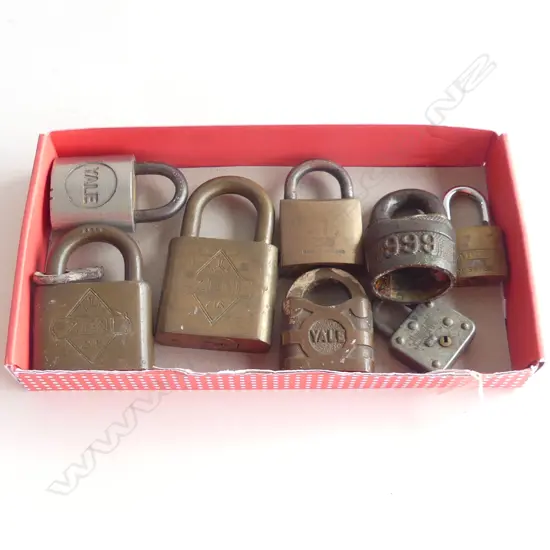 8 OLD PADLOCKS, ZENI, YALE, 999 ETC..