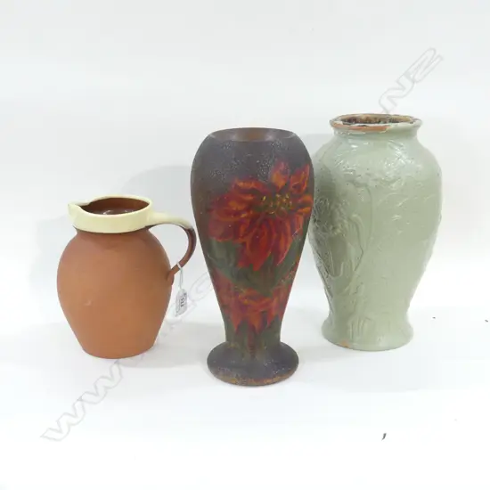 3 PCES; TERRACOTTA JUG, WOODEN VASE, GREEN CERAMIC VASE H.295mm
