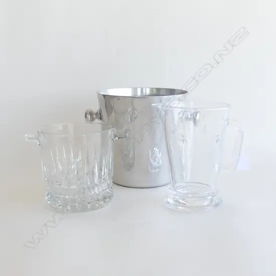 3 PCES; 2 CHAMPAGNE BUCKETS + LA ROCHERE GLASS JUG w. BEE DESIGN H.185mm