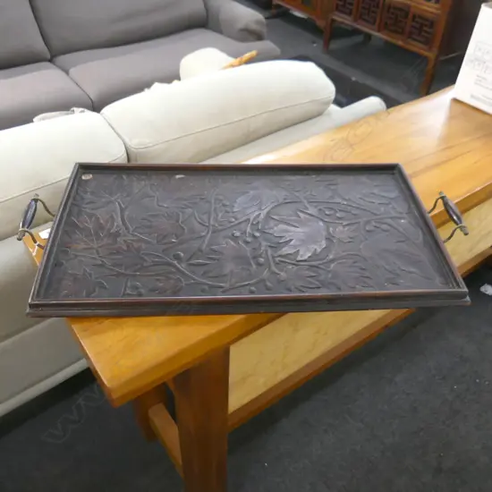 EARLY 20thC CARVED WOODEN TRAY w. FOLIAGE DESIGN 400x725mm