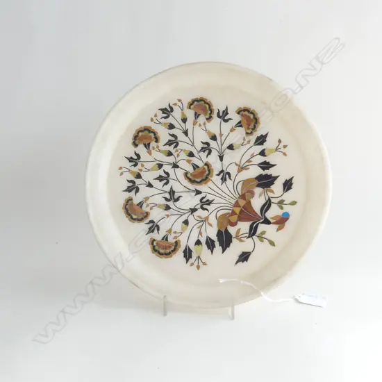WHITE MARBLE PLATE WITH FLORAL PATTERN INLAY DIA 285MM