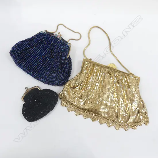 2 VINTAGE BAGS; 1 GOLD GLOMESH (WITH CONTENTS) BLUE BEADED BAG AND SM BEADED PURSE