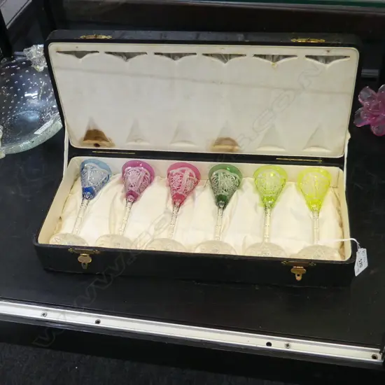 6 COLOURED CRYSTAL LIQUER GLASSES, CASED H.145mm