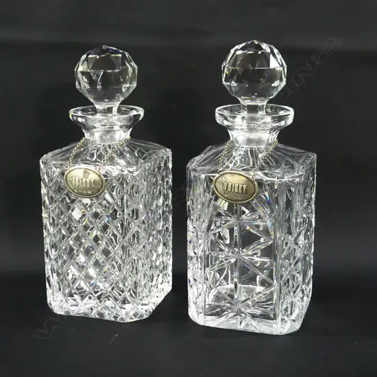 2 HEAVY CUT GLASS DECANTERS, ONE WITH WHISKY TAG, ONE WITH SHERRY (BOTH AF)