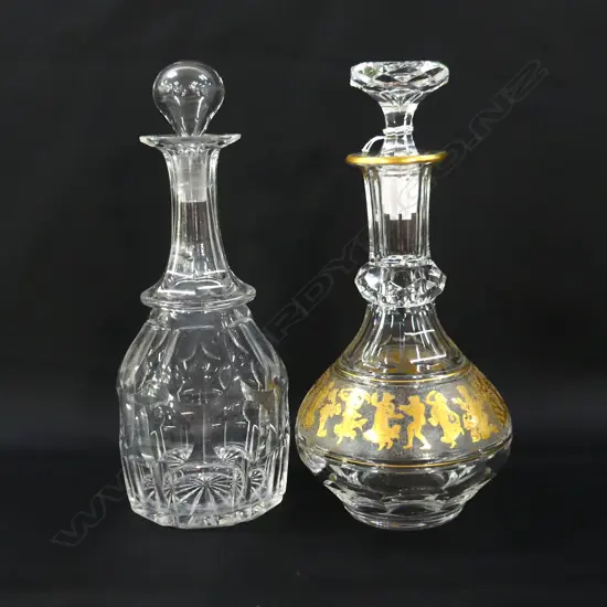 2 DECANTERS; FACET CUT (rim chip) + CLASSICAL GREEK GILT H.300mm