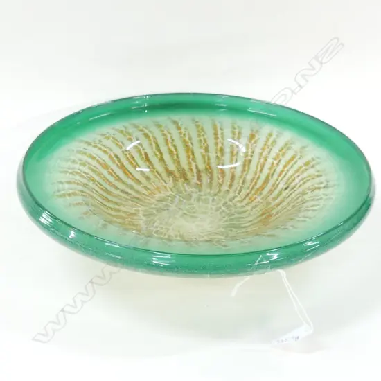 LGE GREEN DECO ART GLASS BOWL 340mm dia KARL WIEDMANN FOR WMF IKORA GERMANY 1930s