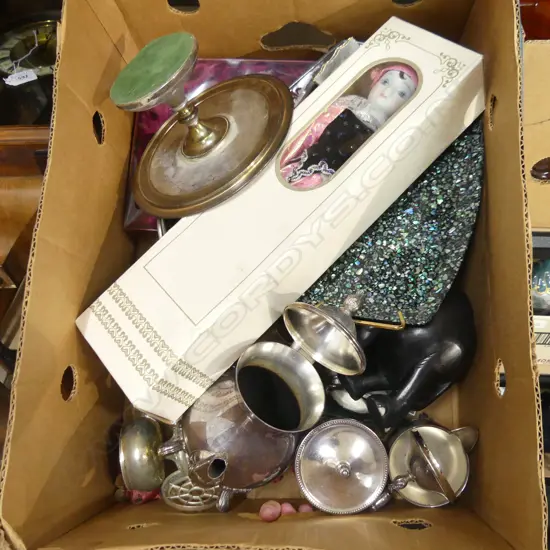 BOX MISC INCL EP, DISHES, WOODEN ELEPHANT, DOLL ETC...