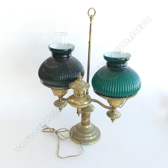 AMERICAN DOUBLE ARM BRASS & GREEN GLASS LAMP H.585mm