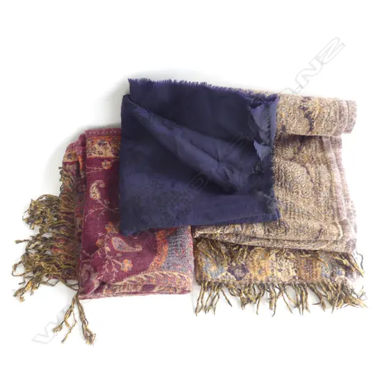 3 100% WOOL SHAWLS; 2 x PAISLEY + BLUE/BLACK 